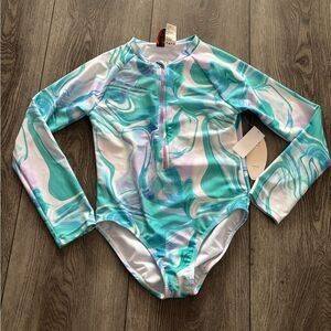OP Kids Swim Long Sleeve Swimsuit - Aqua and White